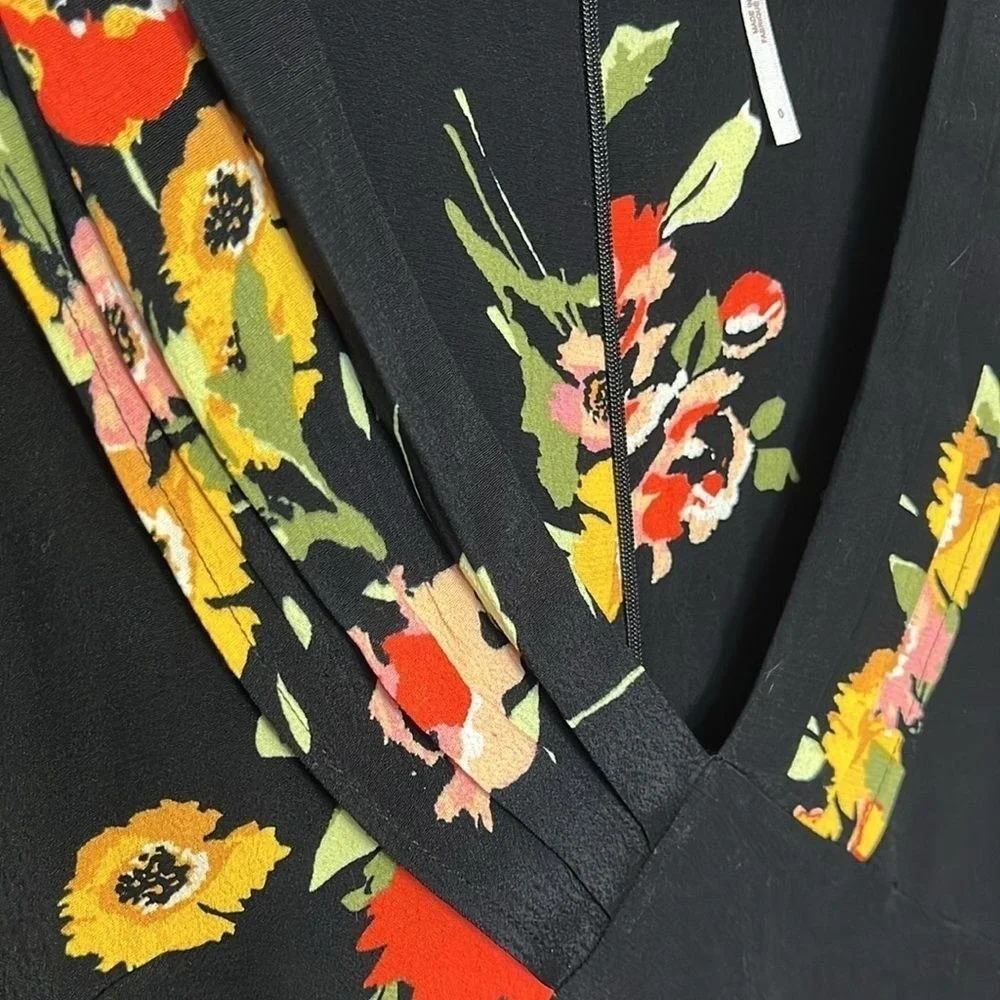 Free People Neon Garden Black Floral Print‎ Mini Dress Size 0 V Neck Multi Color